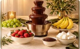 Fuente de chocolate acompañada de fruta fresca