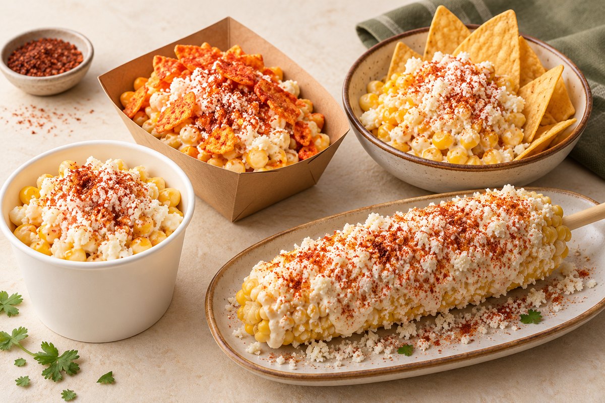 Imagen ilustrativa de esquites y elote entero con complementos