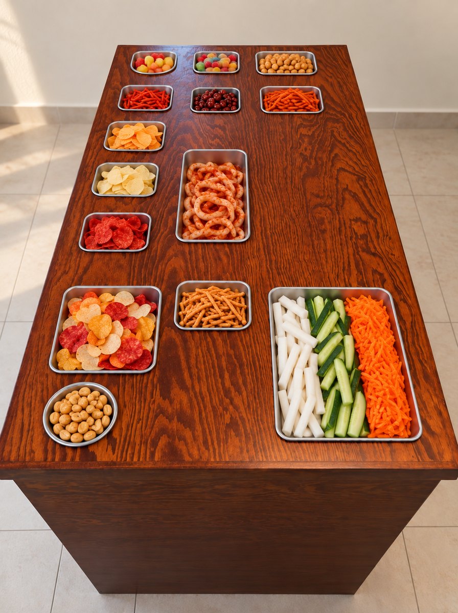 Imagen ilustrativa de una mesa de madera con opciones para Papas Locas y Dorilocos